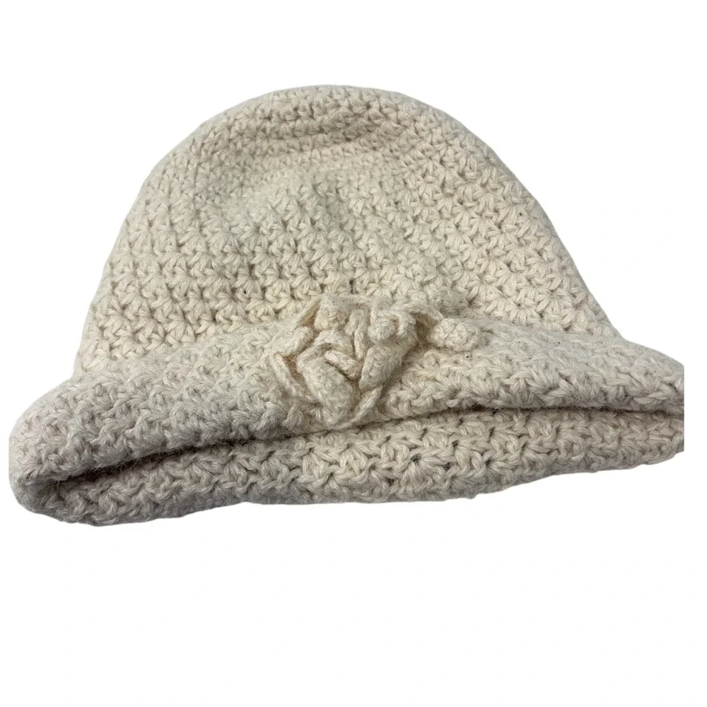 Handmade‎ Crochet Flower Beanie Kids Cream Off White Soft Knit Winter Hat